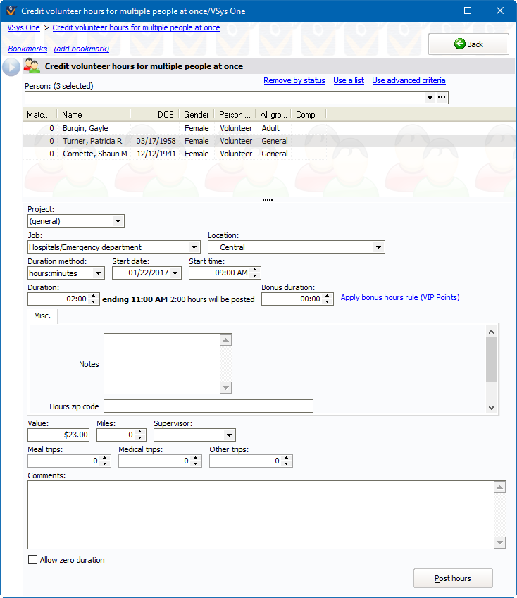 Screen for Crediting Hours for Multiple People at once