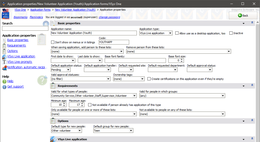 Custom application form properties screen