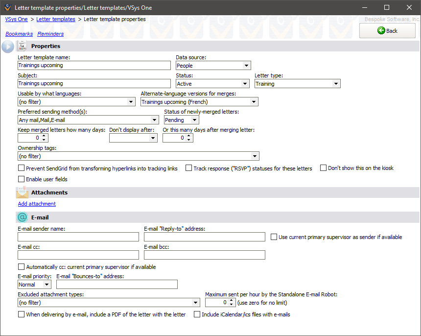 Letter template properties window showing sample upcoming trainings letter