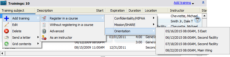 Trainings panel showing addition of a training