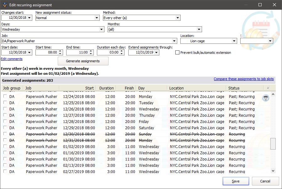 Window for editng recurring assignment rules