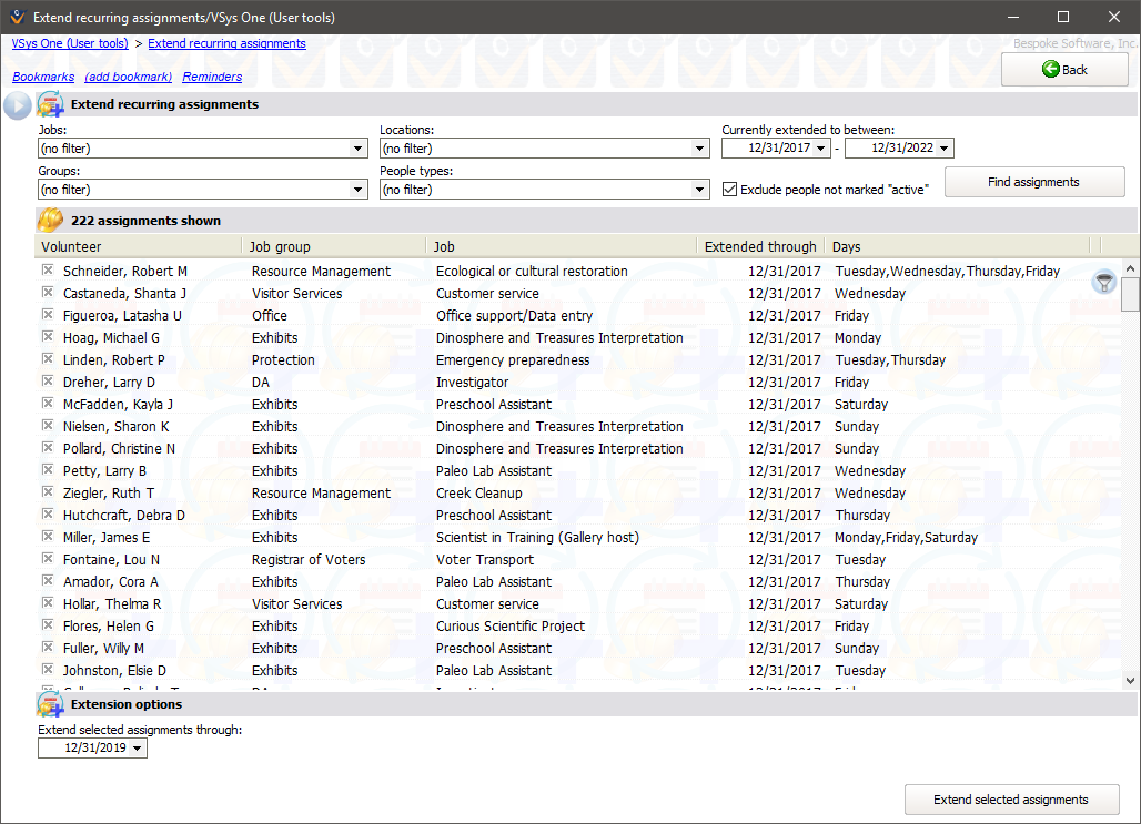 Screen for extending recurring assignments in bulk