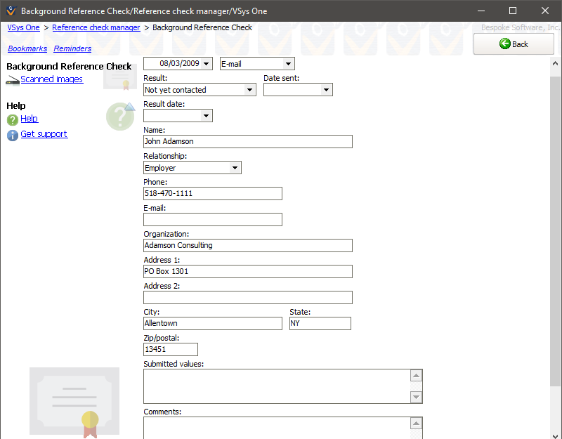 Background reference check data screen showing a volunteer's reference