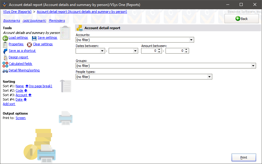 Account records report screen showing Account details and summary by person