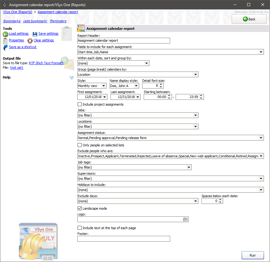 Assignment calendars reports (RTF) screen