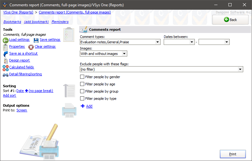 Comment reports screen showing Comments report settings