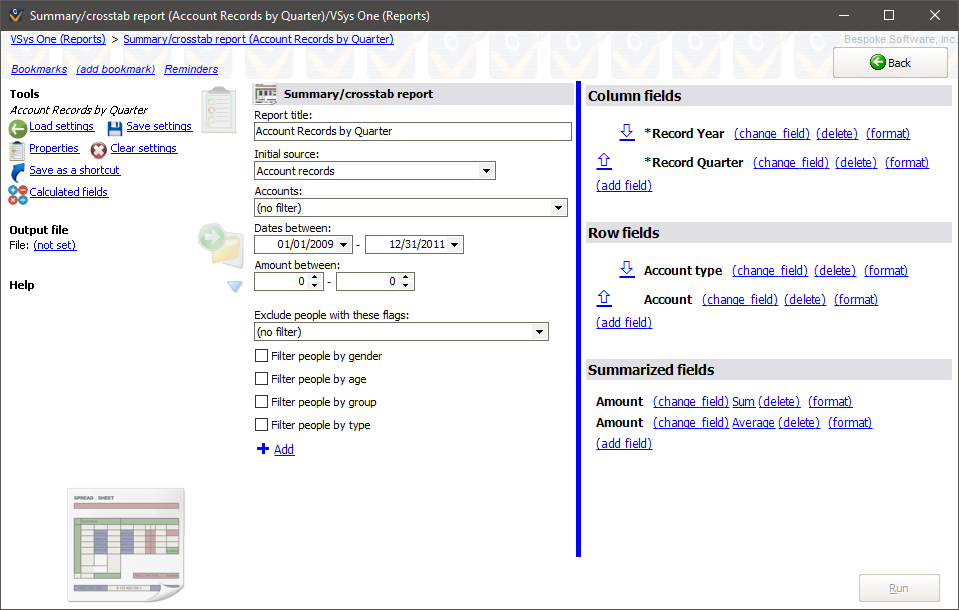 Summary/crosstabs report screen showing Account Records by Quarter settings