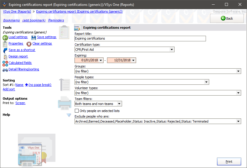 Expiring certifications reports screen