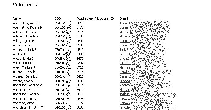 Sample Custom Column Report: Volunteers with DOB, kiosk and e-mail