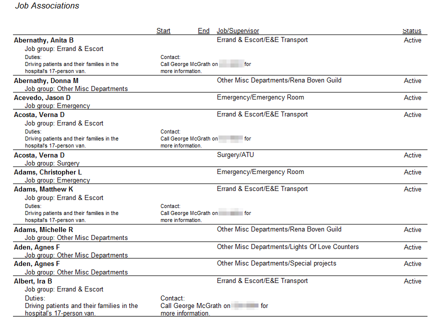 Sample Job Associations Report: With Supervisors and Locations