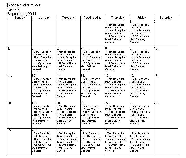 Sample Slot Calendar Report: Monthly