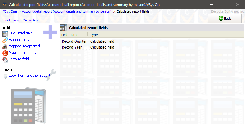 Calculated report fields screen