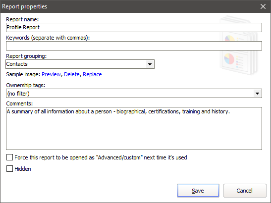 Report properties window