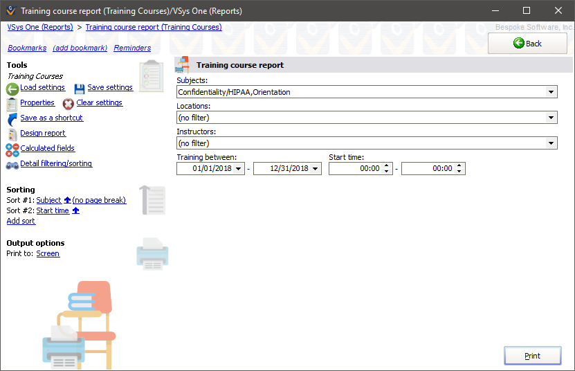 Training course reports screen showing Training Course Summaries settings