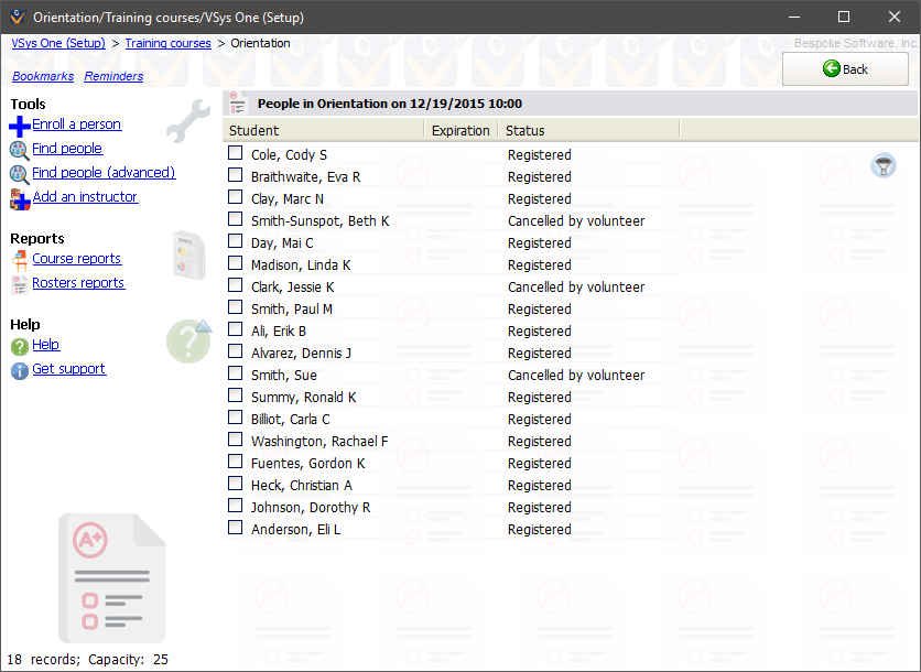 Training course screen showing entrants in a specific course